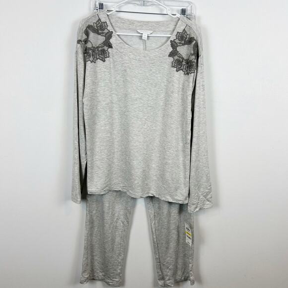 Charter Club Women's Floral Embroidered Pajama Set Grey Size Medium - Picture 2 of 8